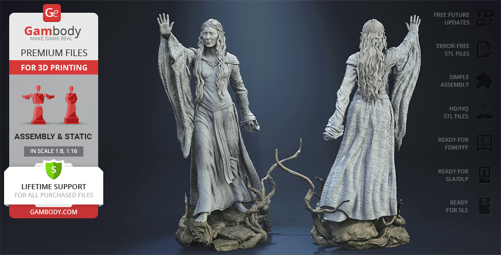 A detailed 3D model of a robed woman with flowing hair, standing on a textured base, shown in two views.
