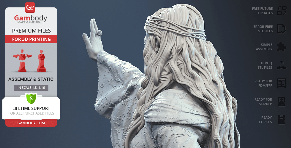 A detailed 3D model of a robed figure with flowing hair and raised hand, ready for 3D printing.