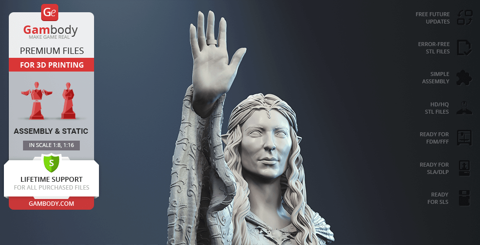 A detailed 3D model of a woman with long hair and robe, raising one hand, ready for 3D printing.