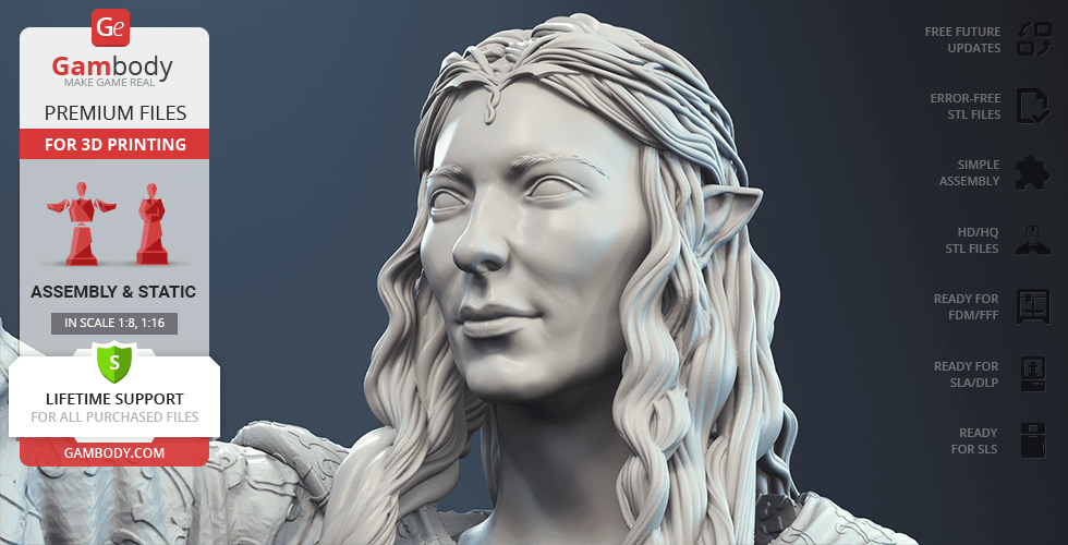 Elven character 3D model with flowing hair and pointed ears, available for 3D printing from Gambody.