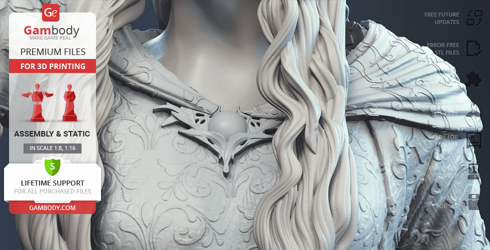 A detailed 3D model of Galadriel with intricate clothing and long, flowing hair for 3D printing.