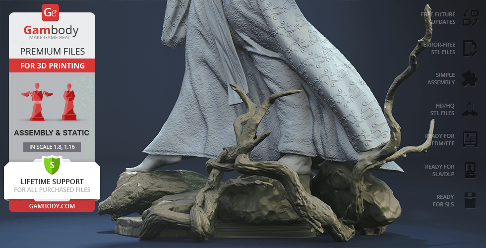 A detailed 3D model of a robed figure standing on rocks and twisted branches, designed for 3D printing.