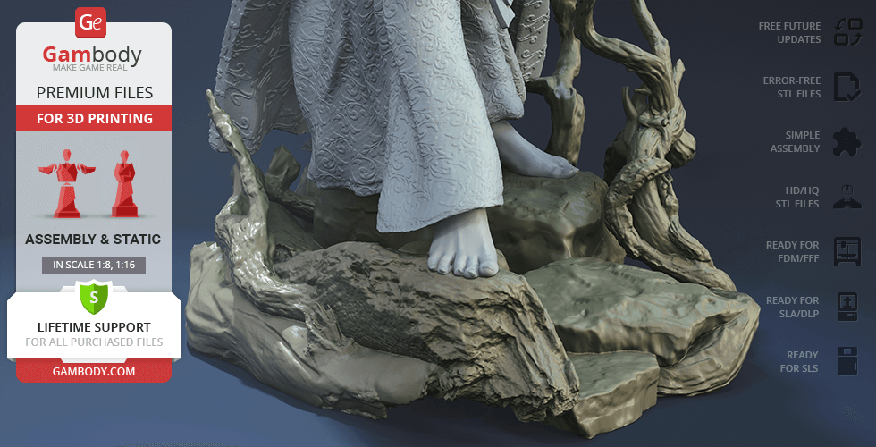 A detailed 3D model figure in robes standing on a rocky base with twisted wood branches, ready for 3D printing.
