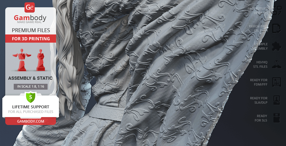 A detailed 3D model of flowing, intricately patterned fabric, likely part of a character model for printing.