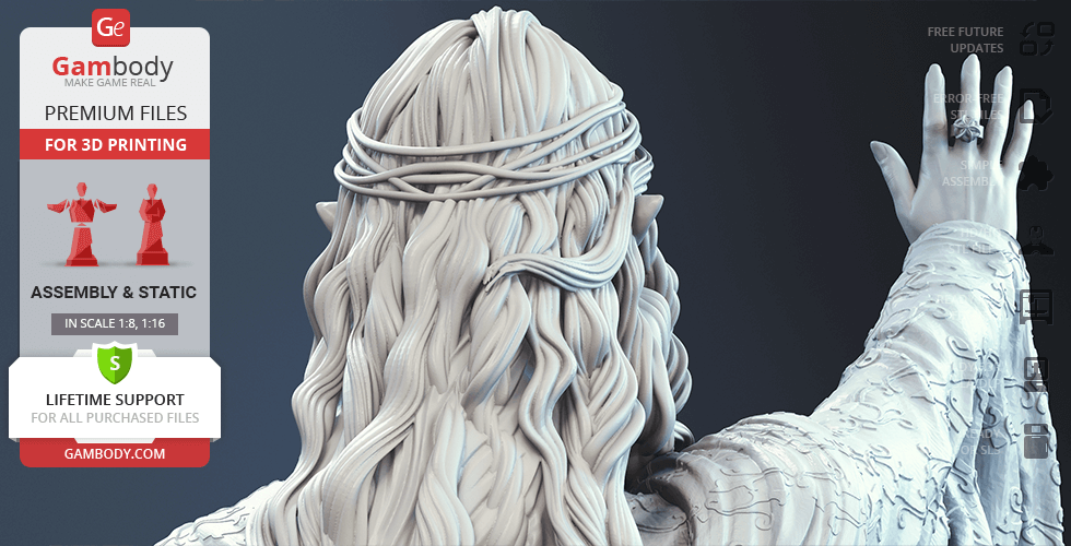 Rear view of a detailed 3D model of a cloaked figure with long, flowing hair and an outstretched hand.