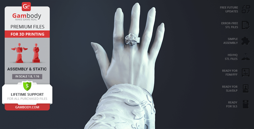 A 3D printed hand model wearing an ornate ring, displayed as a part of a premium files advertisement by Gambody.