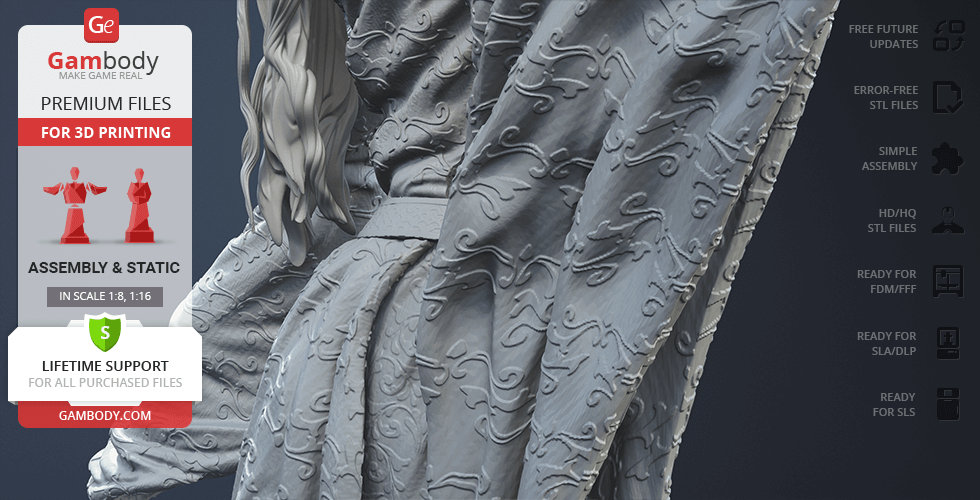 A detailed 3D model of a flowing, intricately patterned fabric from a character's attire, possibly a robe.