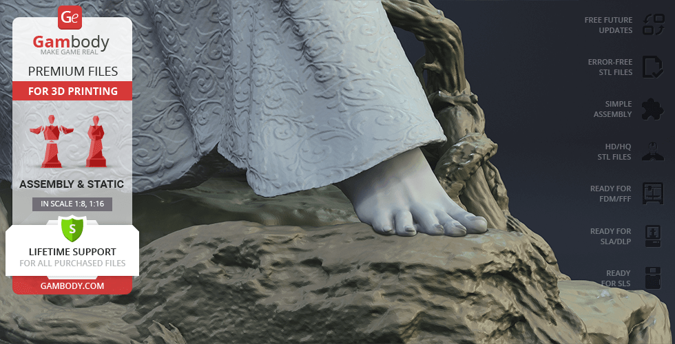A detailed 3D model of a foot and flowing textured garment on a rocky base for 3D printing.