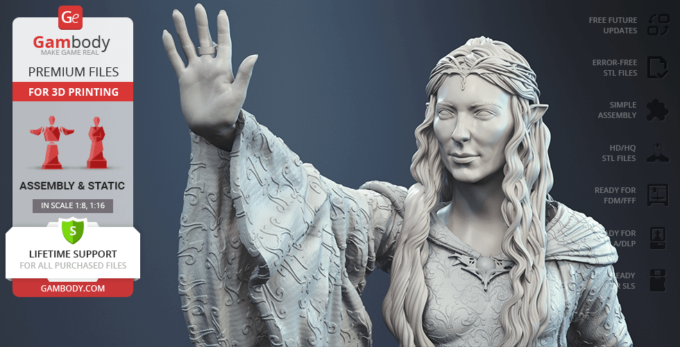 A detailed 3D model of a robed figure with flowing hair, extending a hand in a welcoming gesture.