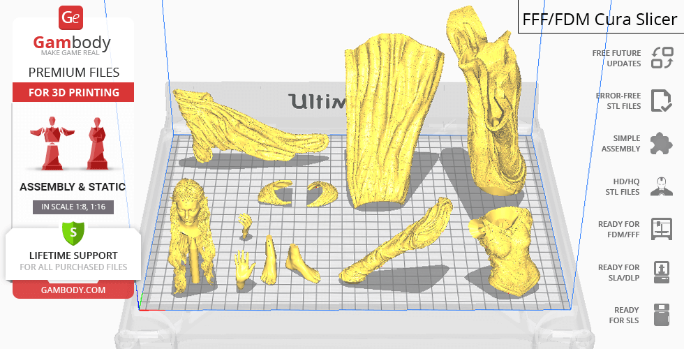 A 3D model of a character is divided into parts for printing, displayed in slicing software.