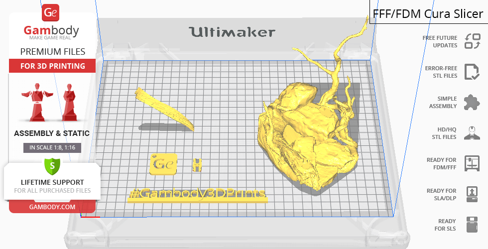 3D print preview of a yellow model with hashtags and logos on a grid platform in Cura slicer software.