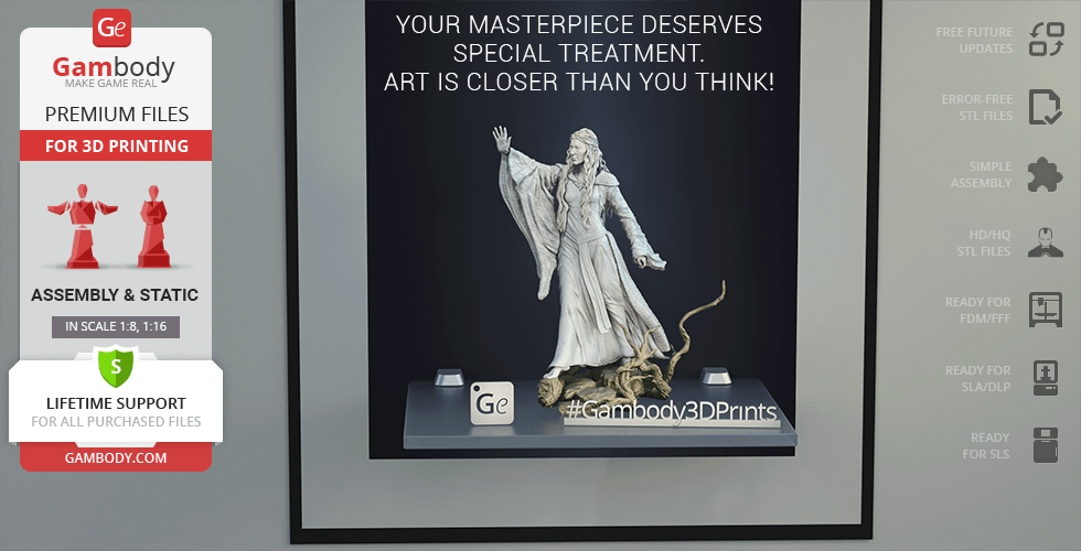 A detailed 3D model of a cloaked, elegant figure with flowing robes, posed dramatically on a display stand.