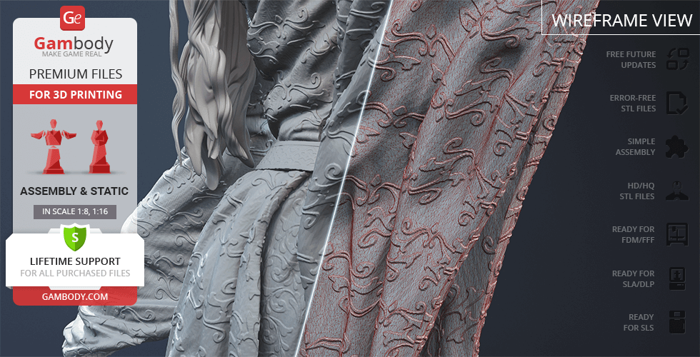 Detailed 3D print of a flowing patterned robe with intricate hair, offered by Gambody for 3D printing.
