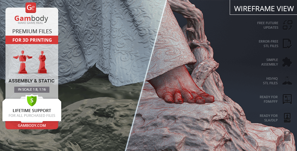 A detailed 3D model of Galadriel's foot in a flowing robe with a wooded base, shown in wireframe and textured views.