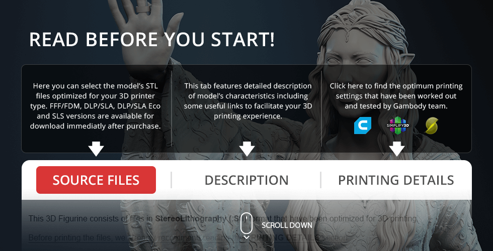 A 3D model of a robed figure with long hair, with options for source files, description, and printing details.
