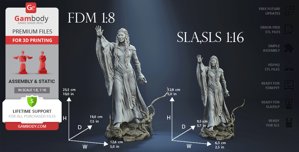 3D model of a robed woman with raised hand on a rocky base. Two scales shown: 1:8 and 1:16.