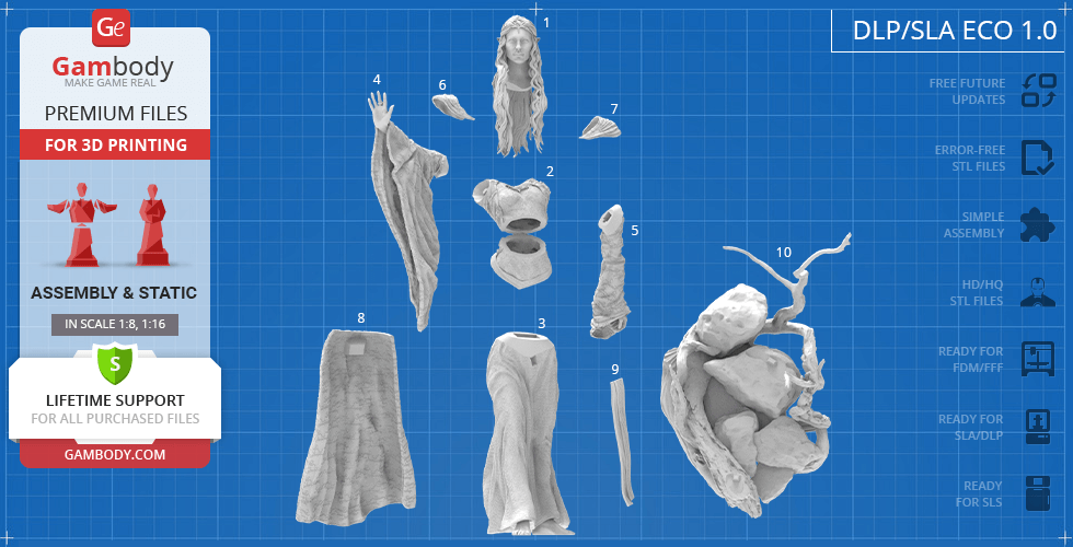 3D print assembly pieces for a Galadriel model, including head, torso, arms, and dress parts.