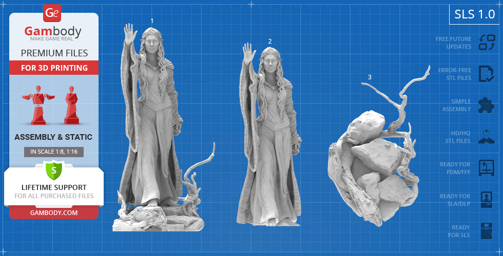 3D model of Galadriel in a flowing gown with a raised hand, posed on a base with intricate details.