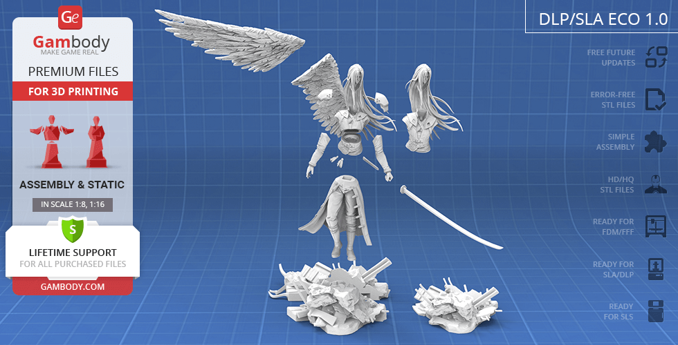 3D model of a winged character from a video game, shown in separate parts for assembly and printing.