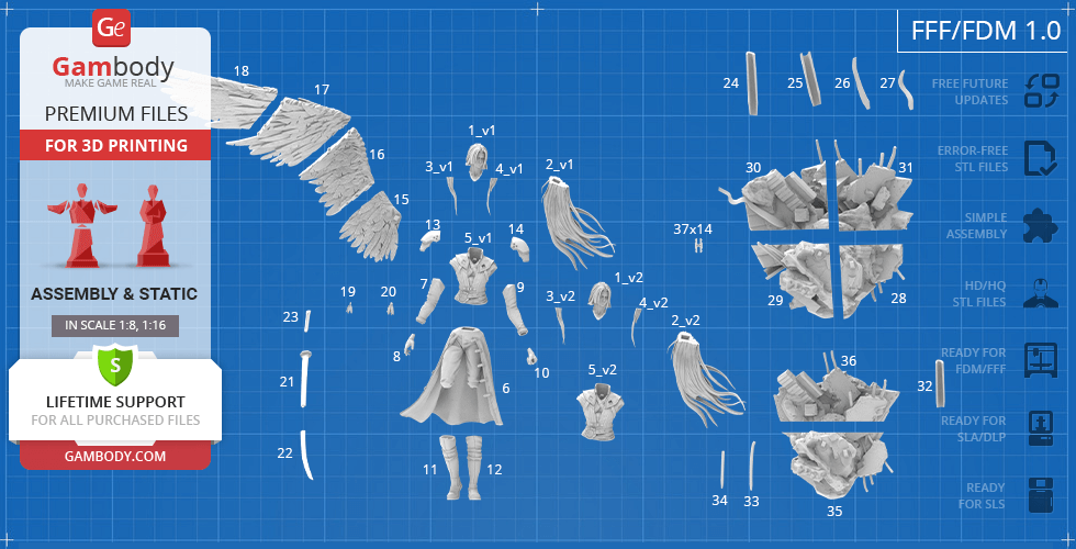 3D model parts of a character with detailed clothing and wings, arranged on a blueprint background.