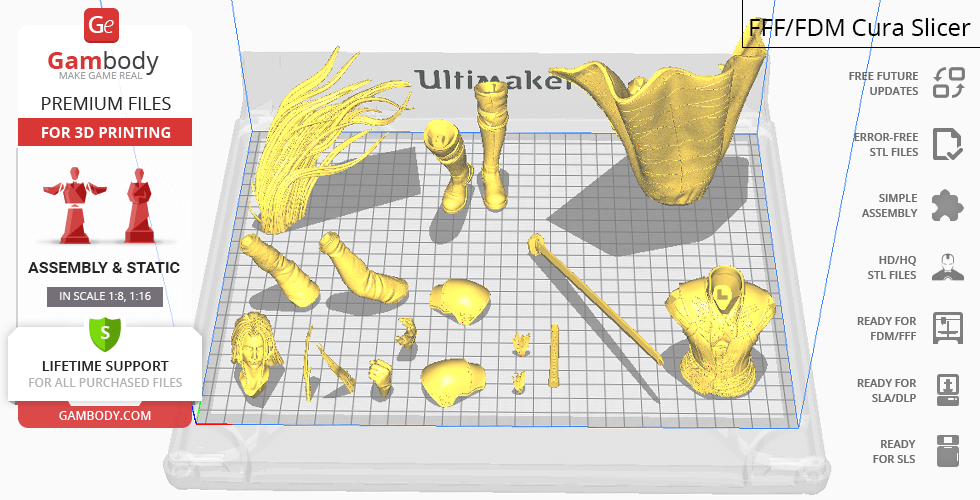Components of a 3D printable Sephiroth model, featuring his hair, torso, and accessories.
