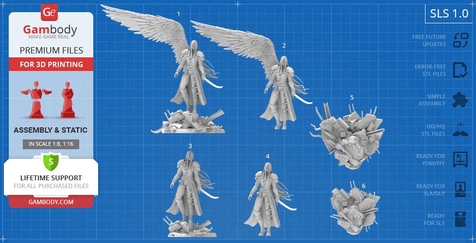 3D printable model: Winged character with long hair and sword, shown in multiple views and components.