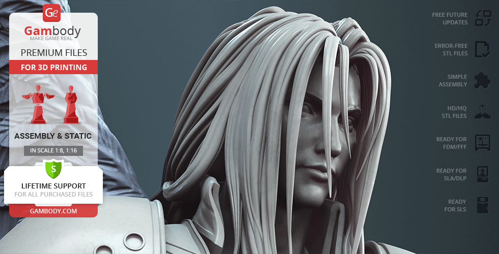 Detailed 3D model rendering of Sephiroth from Final Fantasy 7, showcasing intricate hair and expression.