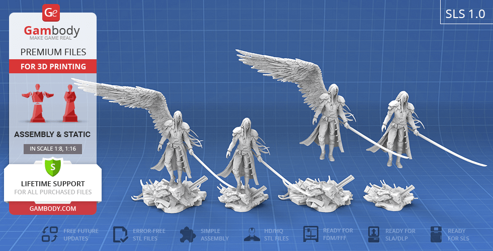 Sephiroth figure with angelic wings and sword, 3D printable model, various assembly options shown.