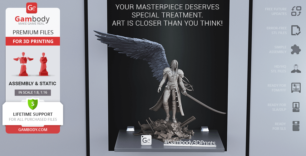 A 3D model of a winged figure with a long sword, displayed on a base with debris.