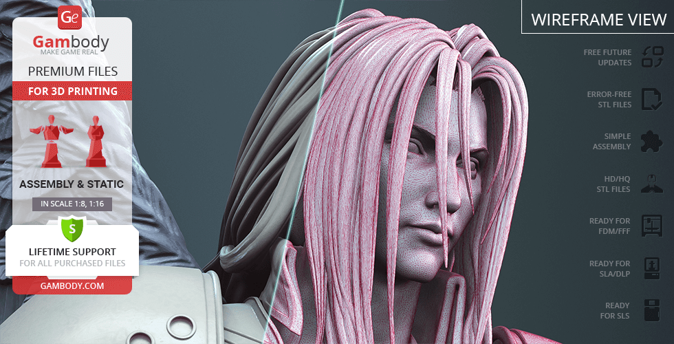 A 3D model of a character with long hair from a video game, shown in wireframe view for 3D printing.