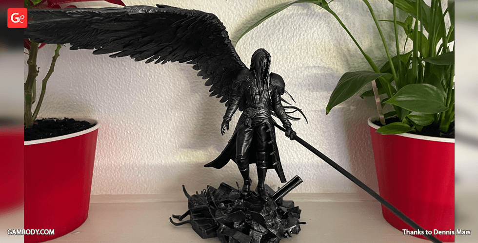 A 3D printed model of a winged character with a long sword, standing amidst rubble.