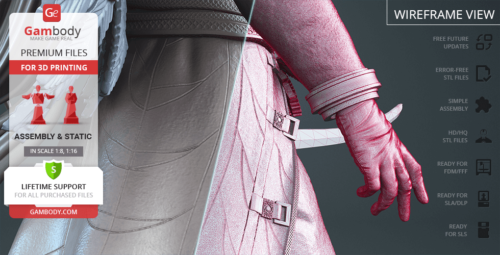 A detailed 3D model of a character's gloved hand holding a sword, viewed in wireframe and textured modes.