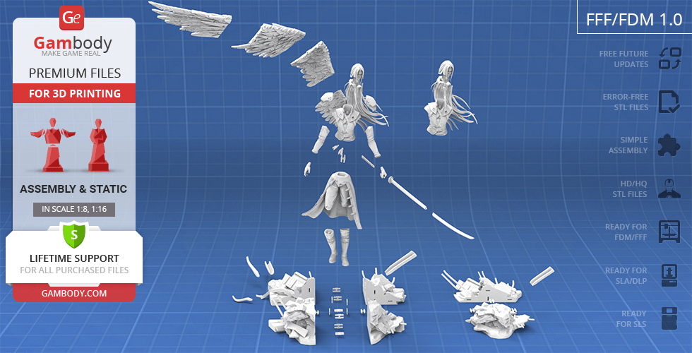3D printed parts of a character with wings and a long sword, displayed in a disassembled layout.