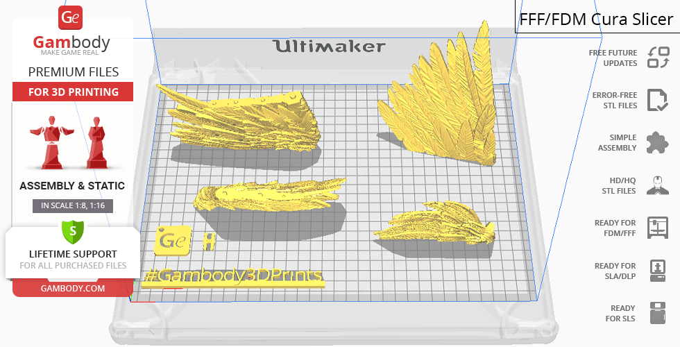 3D printing preview of Sephiroth's wings from Final Fantasy 7 in yellow on a grid platform.