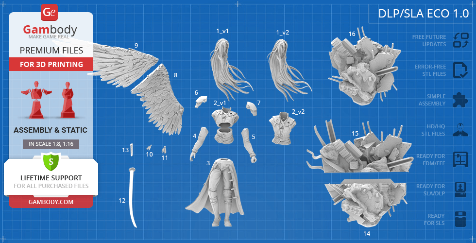 STL files for a 3D-printable model of Sephiroth from Final Fantasy 7, with detailed parts shown.