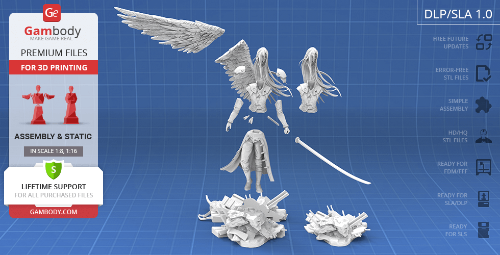 Sephiroth 3D model pieces: wings, torso, head, arms, legs, and base for 3D printing assembly.