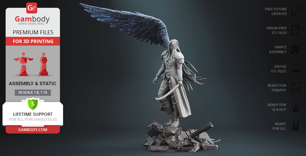 A detailed 3D model of a character with long hair, a large wing, and a sword, posed on a rocky base.