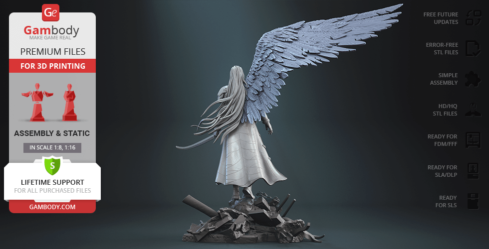 A winged figure with long hair stands on debris, wearing a flowing coat, designed for 3D printing.