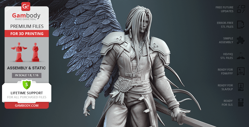 A detailed 3D model of a winged warrior with a sword, wearing armor, designed for 3D printing.