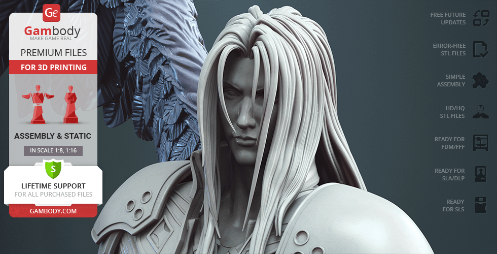 A detailed 3D model of a character with long hair and armor, designed for 3D printing via Gambody.