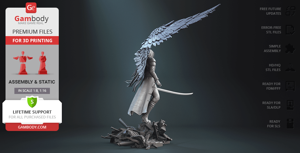 A winged character with a long coat and sword stands on rocky terrain, intended for 3D printing.
