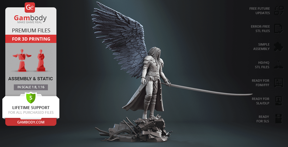 3D model of a winged character with a long sword, standing on rocky terrain, designed for printing.