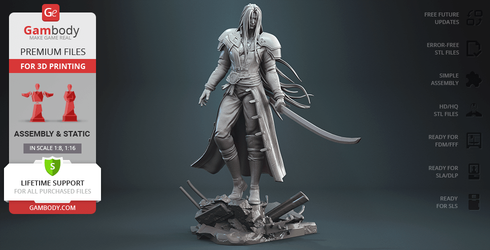 A detailed 3D model of a character with long hair, armor, and a sword, standing on rocky debris.