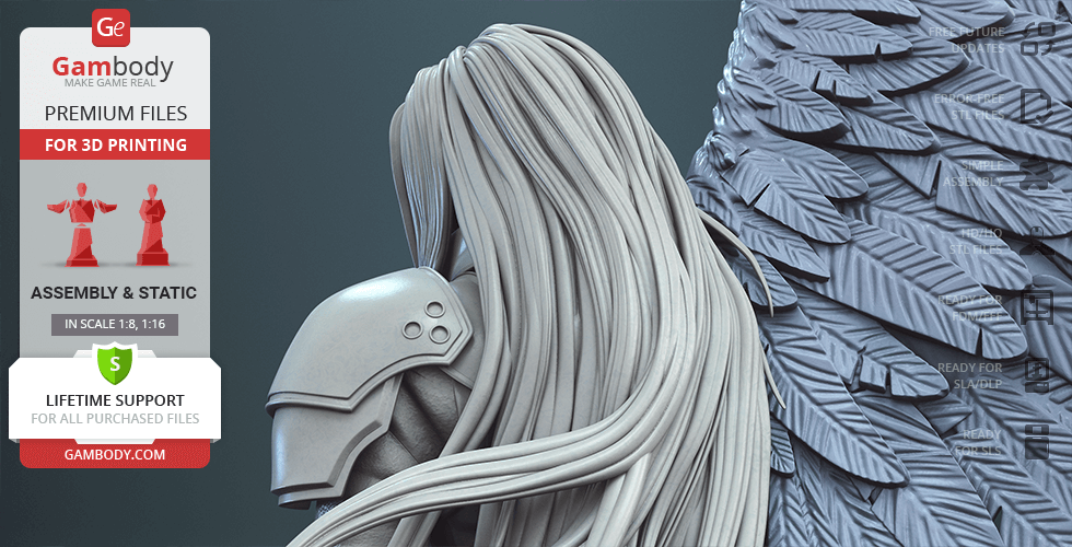 A detailed 3D model of a character with long hair, armor, and feathered wings for printing.