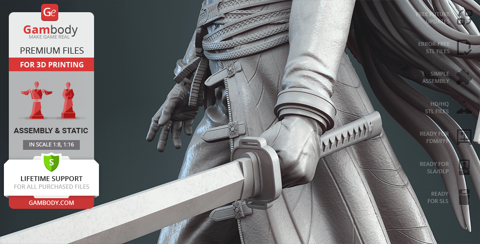 A detailed 3D model of a figure holding a long, intricate sword, wearing a textured outfit.