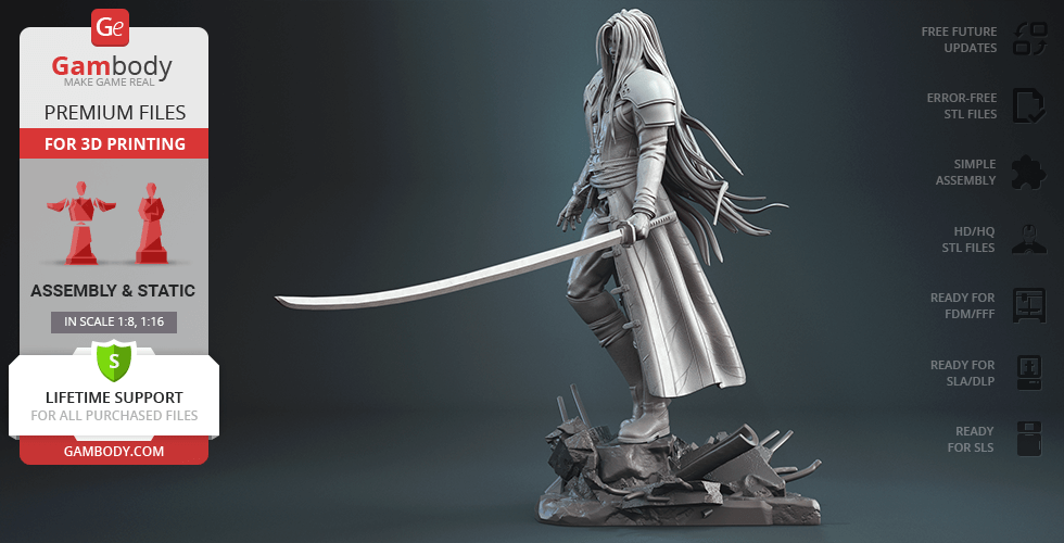 A 3D model of a character holding a long sword, standing on a rocky base, with flowing hair and a long coat.