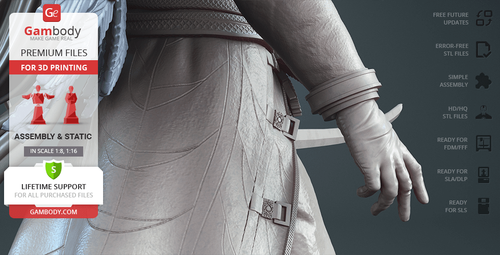 A detailed 3D model of a character's arm and cloak texture for 3D printing, with Gambody branding.