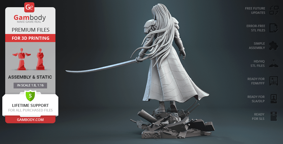 A 3D model of a long-haired warrior with a sword, standing on debris, designed for 3D printing.