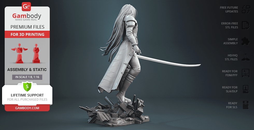 A detailed 3D model of a long-haired warrior with a sword, standing on rocky terrain.