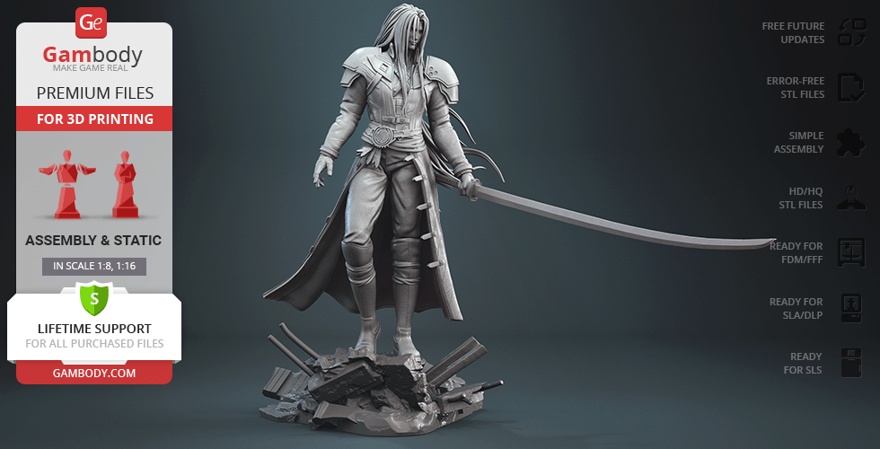 A 3D model of a long-haired warrior with a sword, wearing a coat, standing on a debris base.